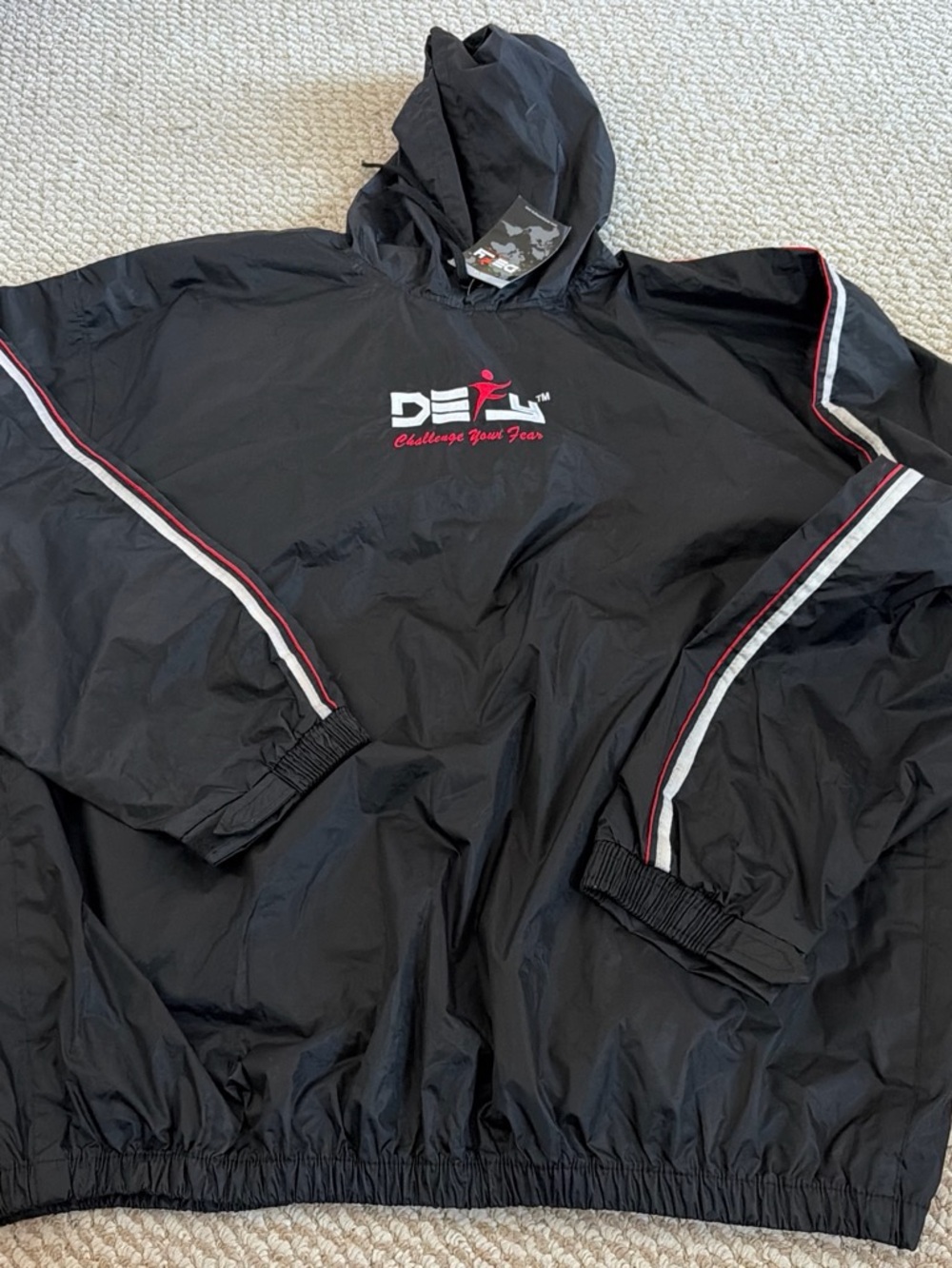 Black Hooded Windbreaker Jacket with Red & White Stripe